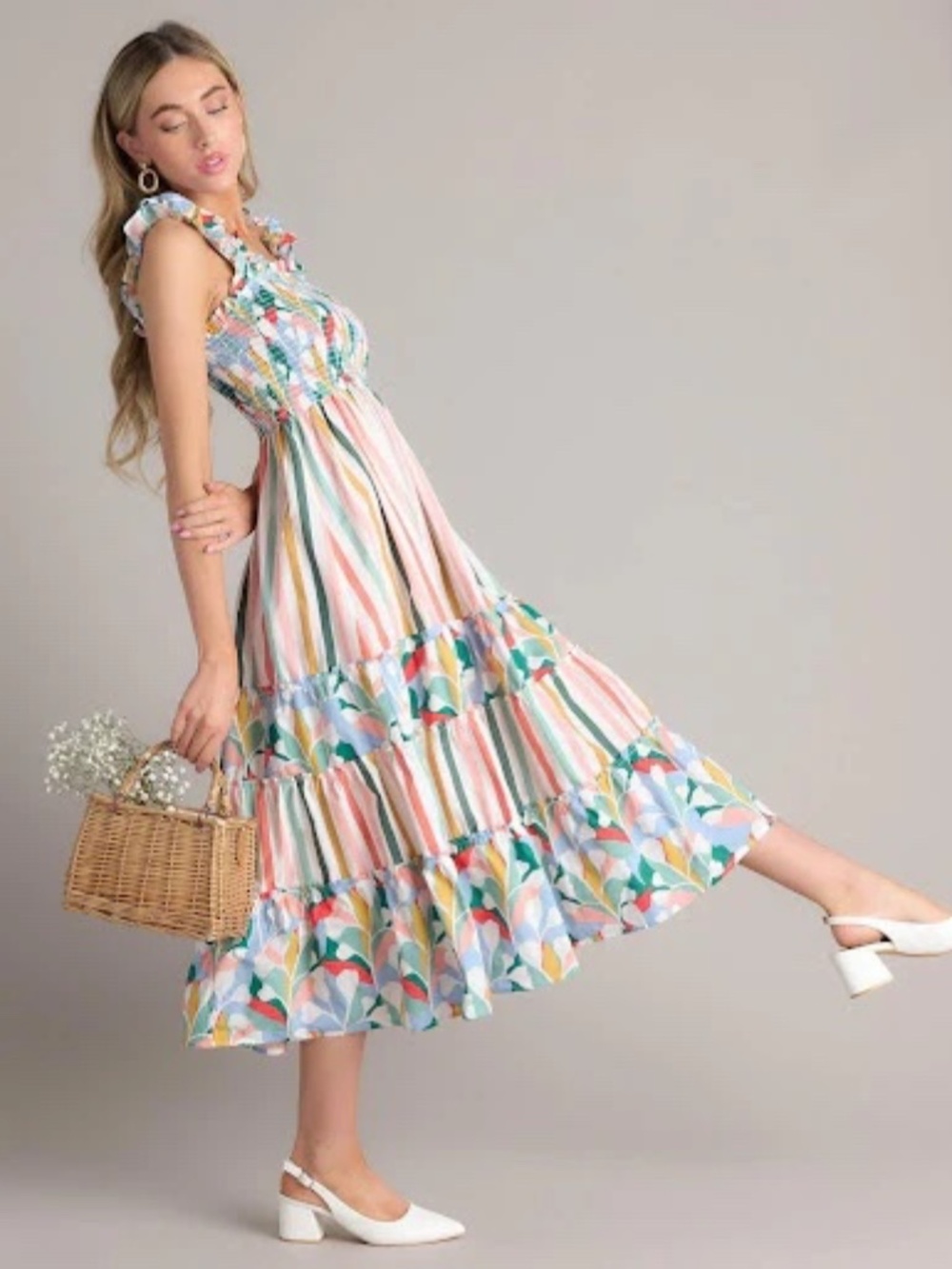 Smocked Bodice Tiered Summer Midi Sundress - Size M